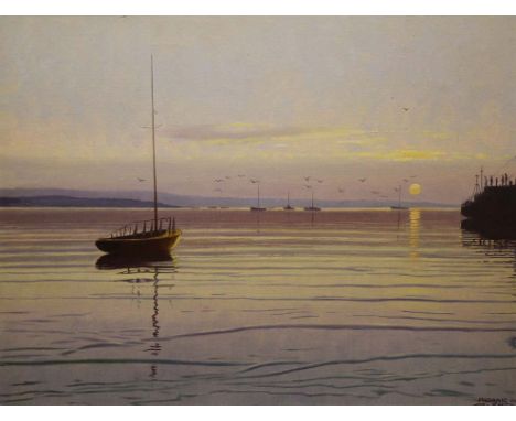 Padraic Lynch, 20th Century
EVENING LIGHT ON THE HARBOUR
Oil on canvas, 14" x 18" (35.5 x 46 cm), signed