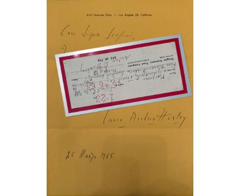Aldous Huxley (Godalming, 1894 - Los Angeles, 1963)Autograph bank check signed “Aldous L. Huxley”, dated “June 5th 61” by the