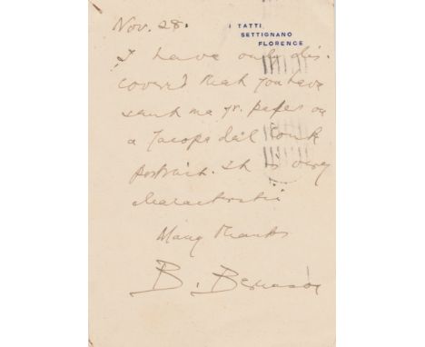 Bernard Berenson (Butrymonis, 1865 - Fiesole, 1859)Autograph letter, postmarked November 28, 1936, by one of the most eminent