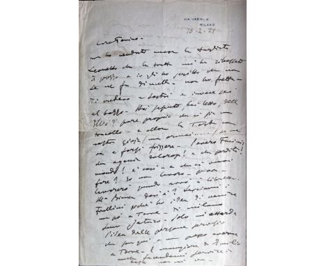 Giacomo Puccini (Lucca, 1858 - Brussels, 1924)Autograph letter signed, dated Milan, February 16, 1921, addressed to "Tonino" 