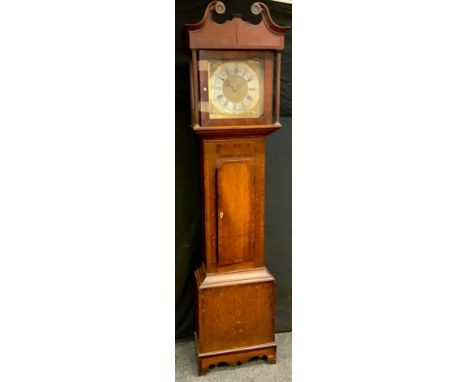 An early to mid 19th century oak longcase clock, Swan-neck cornice, turned column-form supports, mahogany inlay, brass face w