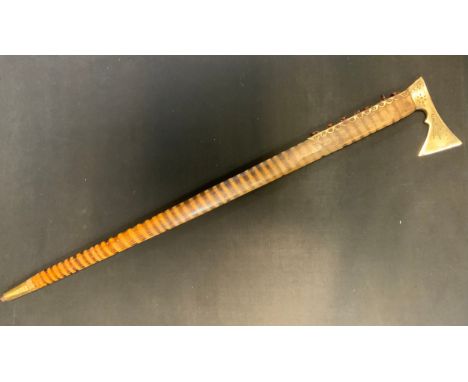 A Polish or Slovakian Valaska alpine Shepherds axe, brass tomahawk type head, 66cm long 