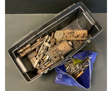 Horological tools - a cast steel lathe, unmarked;  depth tools, gear setters, mounts, cutters, files etc. 