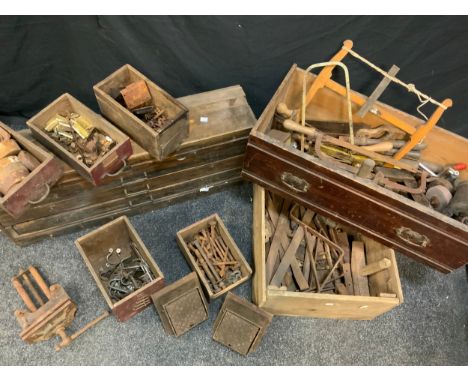 Tools and fixings; vintage coping, veneer, and tenon saws, wood carving chisels, woodworking vice, brackets, bolts, vintage k