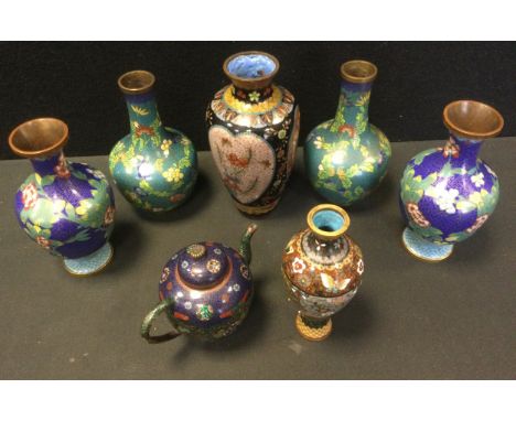 A Japanese Cloisonne teapot, decorated with floral motifs on a blue ground;  similar vases, others pairs (7) 