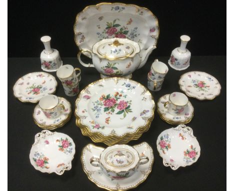 A Royal Crown Derby Derby Days pattern part table service inc six wavy rim plates, teapot, sucrier, six coffee cans and sauce