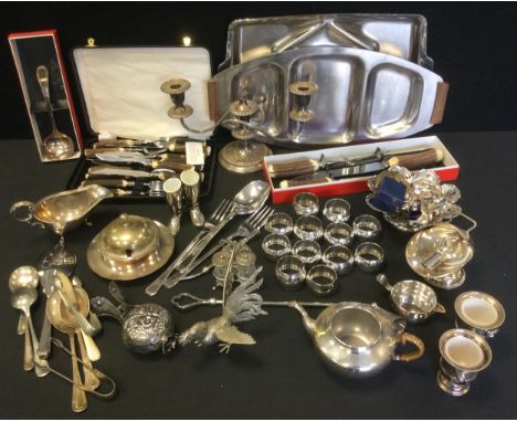 Silver &amp; Silverplate - A sterling silver cruet set, Birmingham, c1900; silverplate including napkin rings, spoons, forks,