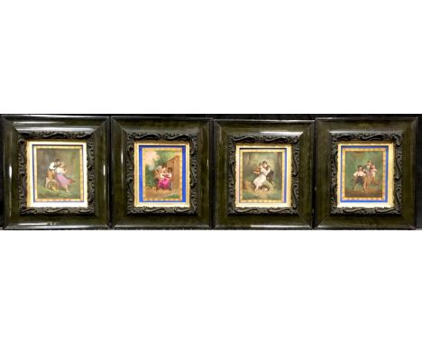 Four printed and over painted ceramic tiles indistinctly signed - The music lesson, fiddle; The music lesson, the flute; Play