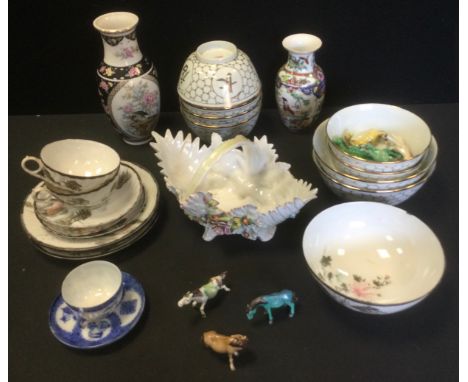 A Japanese egg shell part tea service;  decorative Chinese vases;  a Continental posy basket;  etc 