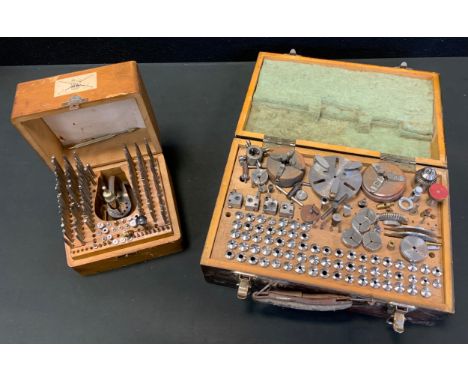 Horological Tools - a cased watchmakers miniature precision lathe accessories set, assorted chucks, grips, holders, etc;  a c