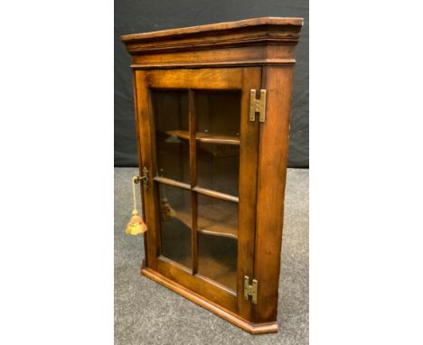 A Reproduction, George III style, Small Oak Corner Cabinet, glazed door enclosing pair of shelves, 70cm tall x 51cm wide. 