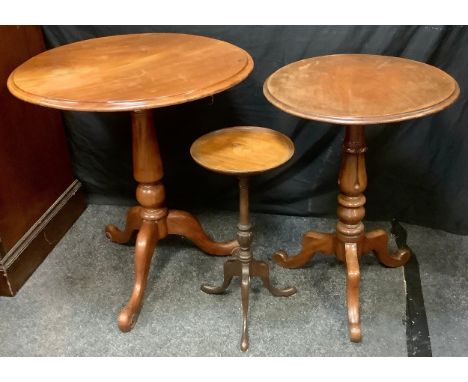 A Late Victorian Mahogany Tripod Table, circular top, carved columnar pedestal, cabriole legs, c.1890; a George III style mah