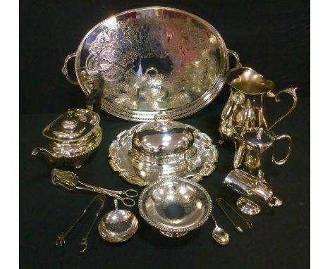 A Victorian silver plated dome of small proportions, 14.5cm high, 20cm long;  twin handled oval tray;  salver;  jugs, teapot 