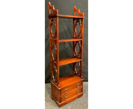A Reproduction Mahogany floor standing or Wall Mountable bookshelf, three short shelves above a pair of small drawers, 108cm 