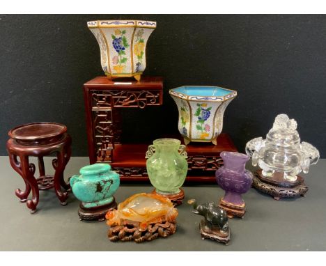 A pair of modern cloisonne hexagonal vases, 13cm high;  a hardwood stand;  a modern Chinese  amethyst flat sided vase;  other