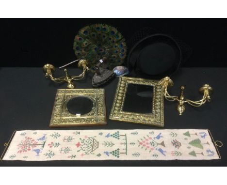 A late 19th century rectangular mirror, embossed with anthemions, 33cm x 25cm;  another, square;   brass two light wall light