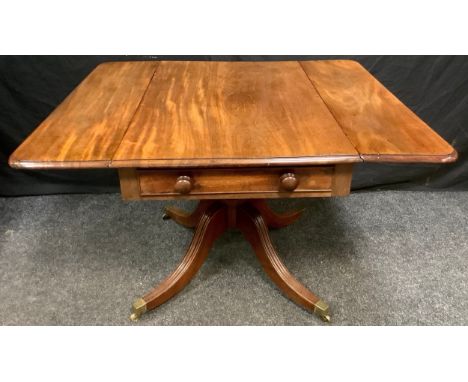 A 19th century mahogany Pembroke table, rounded rectangular top with fall leaves above two frieze drawers, turned column, sab