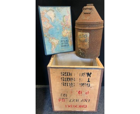 Advertising - a large Esso Blue motor oil dispenser;  a tea chest box etc. 