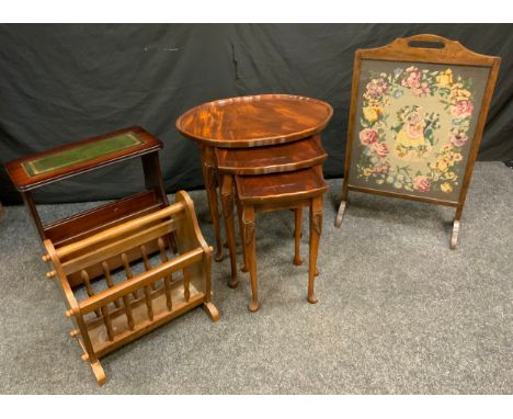 A Bevan Funnell 'Reprodux' reproduction nest of three mahogany tables; a mid 20th century oak tapestry firescreen; a magazine