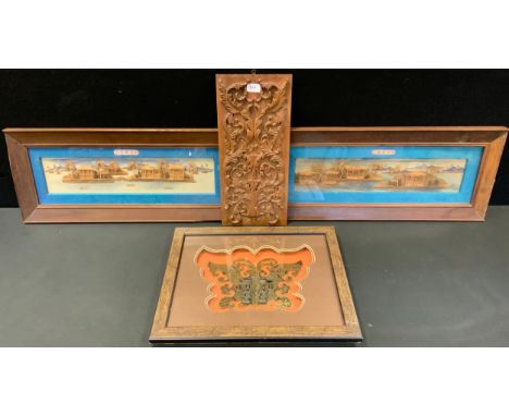A pair of Chinese cork pictures, 11cm x 52cm;  a Chinese door handle, framed; carved hardwood panel etc 