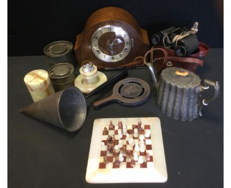 Boxes &amp; objects - a pewter ink-well; pewter tea pot; a miniature onyx chess bored, ash tray and lighter; 20th century oak