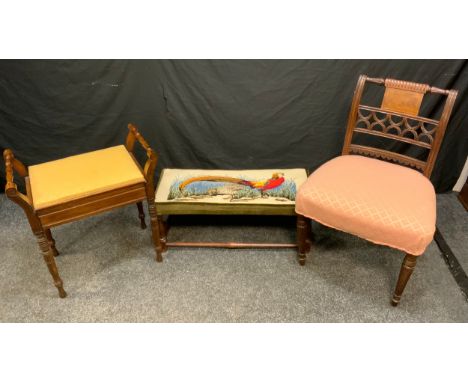 An Edwardian Mahogany Piano Seat; a 19th century oak long foot stool, tapestry cushion; a late 19th/early 20th century bedroo