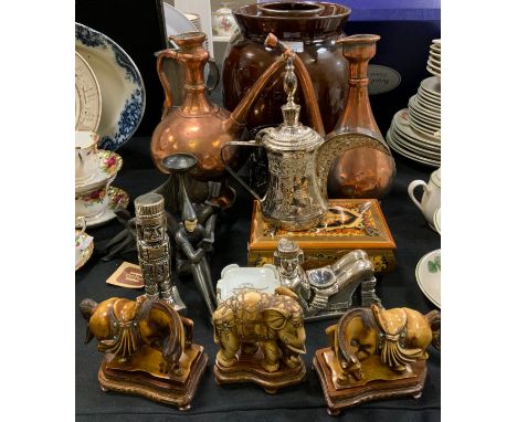 A Persian silver plated coffee pot; two copper vessels' a J B Hirsch Co figural candlestick; resin horses; etc Please Note th