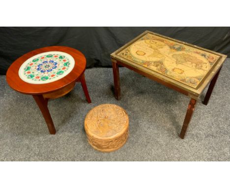 A mid 20th century teak occasional table, with central alabaster pietra dura plaque inlayed with malachite, lapss lazuli, tur