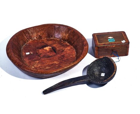 COLLECTABLES INCLUDING A DUG OUT WOODEN BOWL (3)A carved wooden ladle and an Edwardian mahogany box