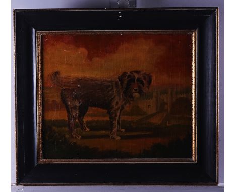 AN OLEOGRAPH OF A DOG, WITH A CASTLE IN THE BACKGROUND51 X 61cm