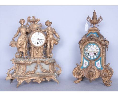 A 19TH CENTURY SPELTER MANTEL CLOCK (2)Together with another gilt spelter mantle clock with porcelain panels