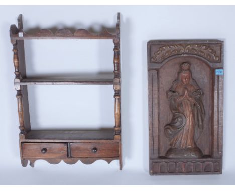 AN 18TH CENTURY STYLE CARVED OAK PANEL (2)33cm wide; 64cm high and a victorian style stained beech two tier wall shelf with t