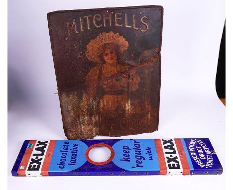 EX-LAX A MID-20TH CENTURY ENAMEL ADVERTISING SIGN TOGETHER WITH A LATE 19TH CENTURY MITCHELLS CIGARETTE METAL SIGN (2)