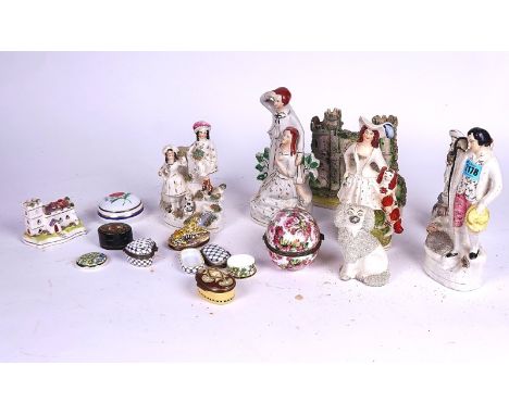 CERAMICS, INCLUDING STAFFORDSHIRE FLAT BACK FIGURES (QTY)Halcyon days enamel box and sundry.
