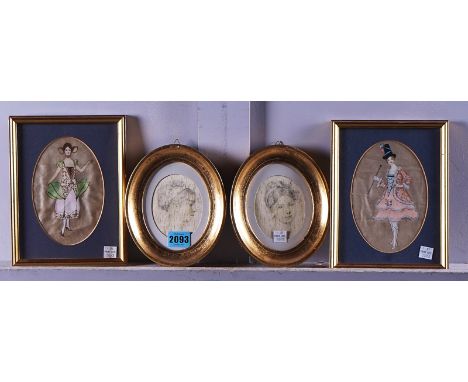 RENE DAVID (20TH CENTURY) (5)Pair of portrait miniatures on silk9 x 7cmtogether with a pair of silkwork pictures of ladies in