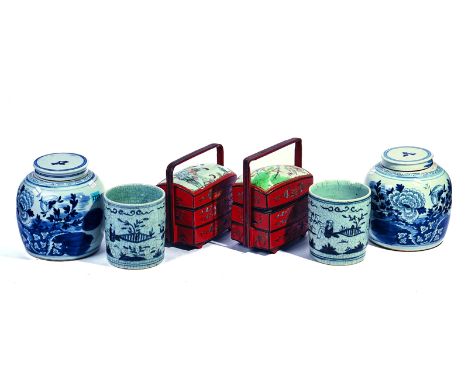 ASIAN INTEREST, A PAIR OF LAQUER AND CERAMIC 3 TIER BOXES (6)A pair of blue and white ginger jars with lids 29cm tall and a p