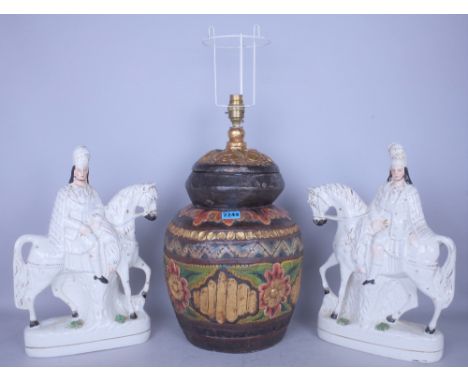 A SIMILAR PAIR OF STAFFORDSHIRE STYLE FIGURES (3)Together with a decorative pottery lamp