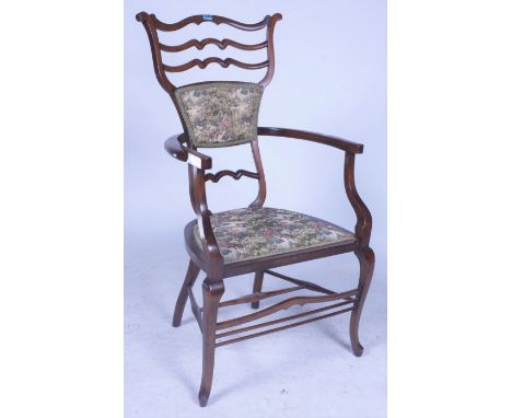 A MODERN STAINED BEECH LADDER BACK OPEN ARMCHAIR55cm wide; 107cm high