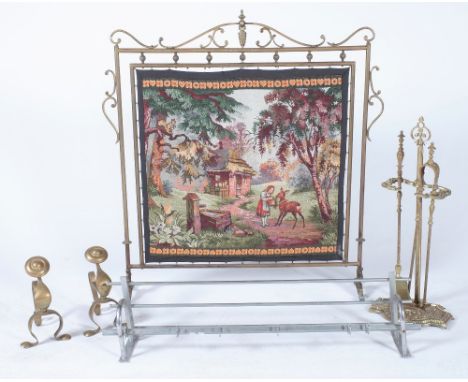 A BRASS FRAMED TAPESTRY FIRE SCREEN, A SET OF FIRE TOOLS WITH A STAND AND TWO FURTHER ITEMS (4)Early 20th CenturyA BRASS FRAM