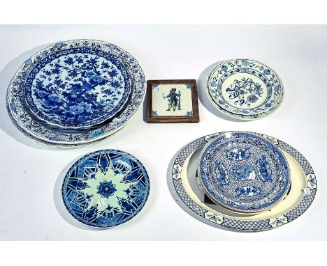 CERAMICS; A QUANTITY OF MOSTLY CONTINENTAL DECORATIVE BLUE AND WHITE CERAMIC PLATESTogether with two framed tiles.