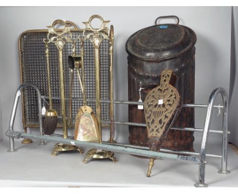 A GROUP OF METALWARE, A COAL BIN, TWO PAIRS OF FIRE TOOLS WITH STANDS, A BRASS FIRE GUARD, A PAIR OF BELLOWS AND A CHROMED HA