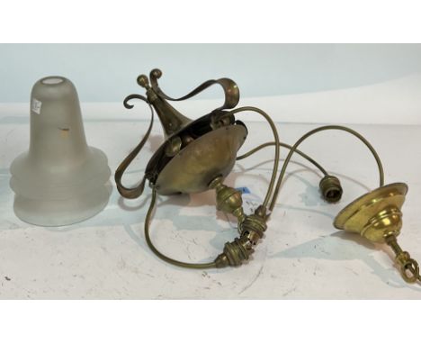 AN EARLY 20TH CENTURY BRASS CEILING LIGHTWith frosted glass shades 28cm high