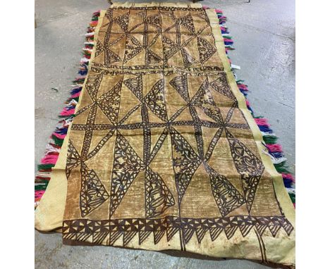 A POLYNESIAN PAINTED NATURAL FIBRE MARRIAGE BED SPREAD, CIRCA 1980, FROM TONGA170cm wide; 380cm long