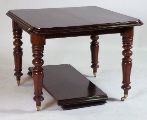 A LATE VICTORIAN MAHOGANY EXTENDING DINING TABLEOn turned supports with two extra leaves, 100cm long; 100cm wide; 77cm high; 