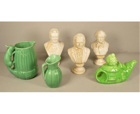 A 1930s green glaze ceramic jug in the form of an acorn with climbing squirrel handle, by Sylvac (numbered 1958) 19cm tall, t