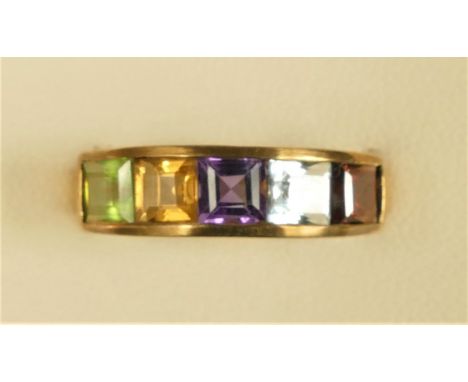 A 9ct gold rainbow ring, garnet, topaz, amethyst, citrine and peridot, M, 2gm 