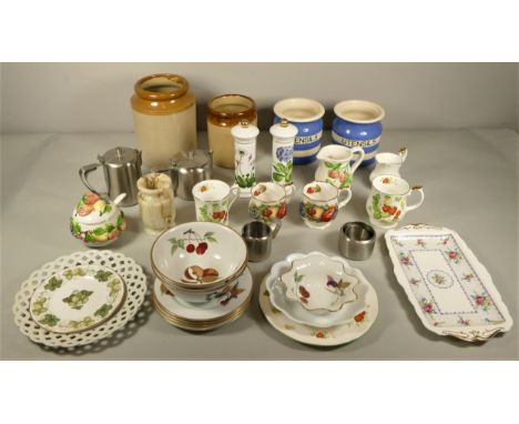 A pair of Cornish Ware ceramic utensil pots, Port Merrion salt and pepper pots, Royal Worcester 'Evesham' side plates &amp; b