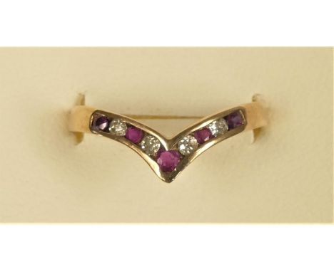 A 9ct gold ruby and diamond wishbone ring, M 1/2, 1.8gm 