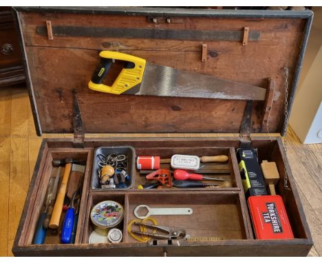 A painted pine tool chest, fitted and complete with contents, including a Black &amp; Decker electric planer, a Pro electric 