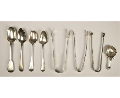 Two pairs of George III silver bright cut sugar tongs, a fiddle pattern pair, an unmarked bright cut caddy spoon and other si